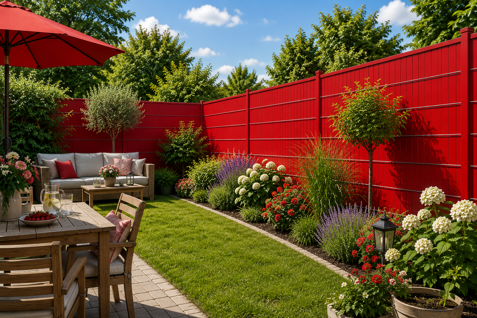 Modern red privacy fence used as garden screening behind colourful perennial flower beds and a cosy patio seating area with rattan sofa and wooden dining table.