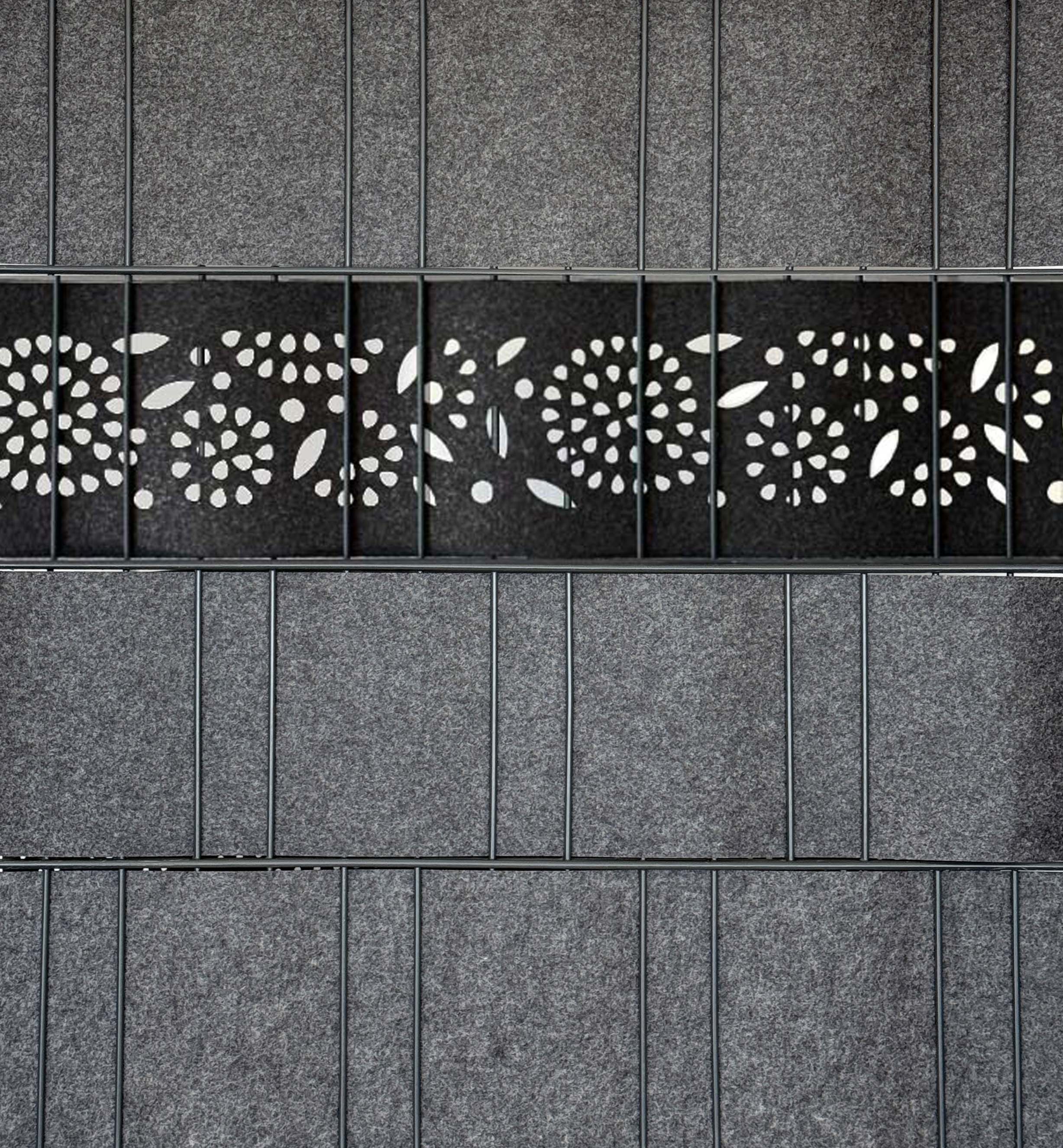 Milano Flower Einzelstreifen Laser von Zaundruck als dekorativer Sichtschutzstreifen mit Blumenperforation im Doppelstabmatten Gitterzaun, Breite 2,60 m, Höhe ca. 19 cm