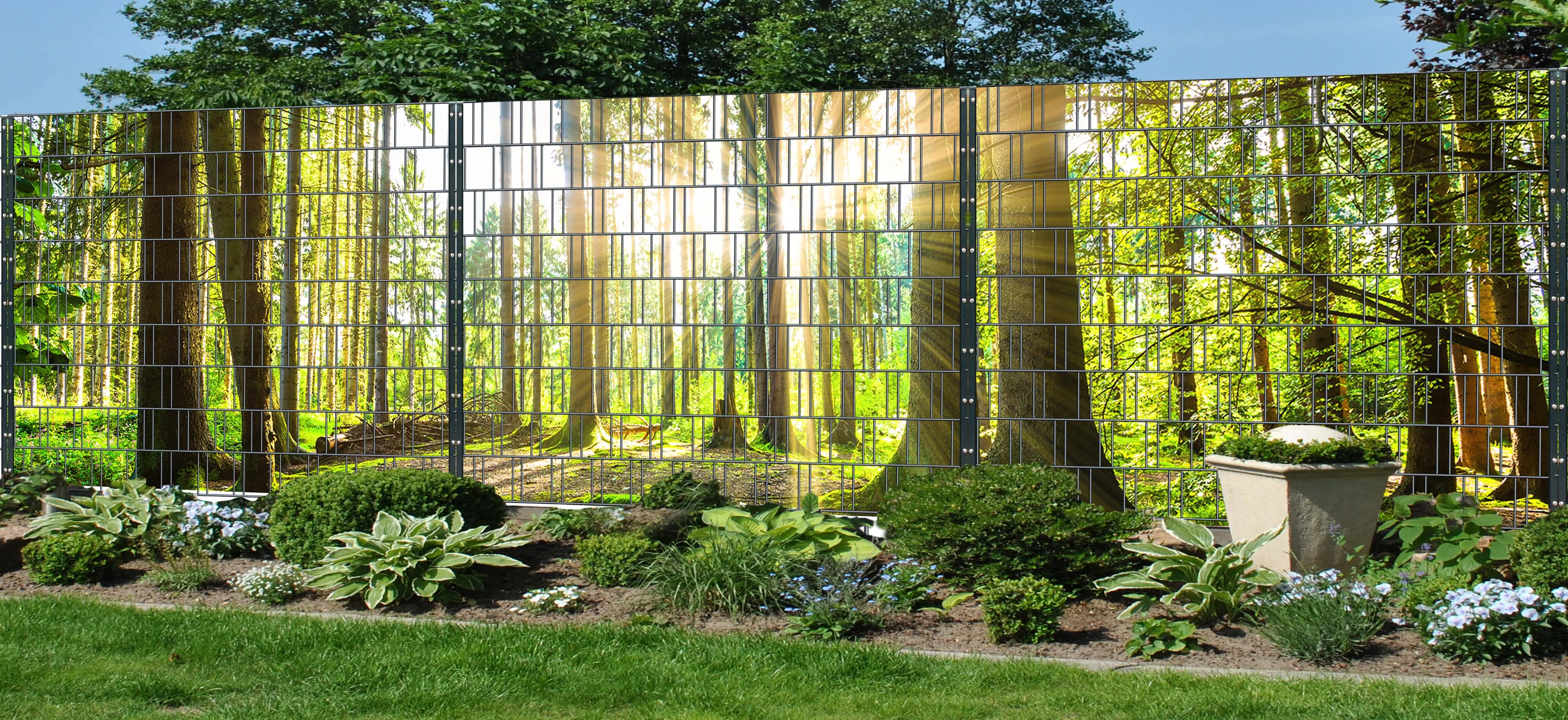 Wald - Panorama XXL bedruckte Zaunblenden mit Design für Doppelstabmattenzaun Hinterhof, Hof, Garten, Topfpflanze, Pflanzgefäß