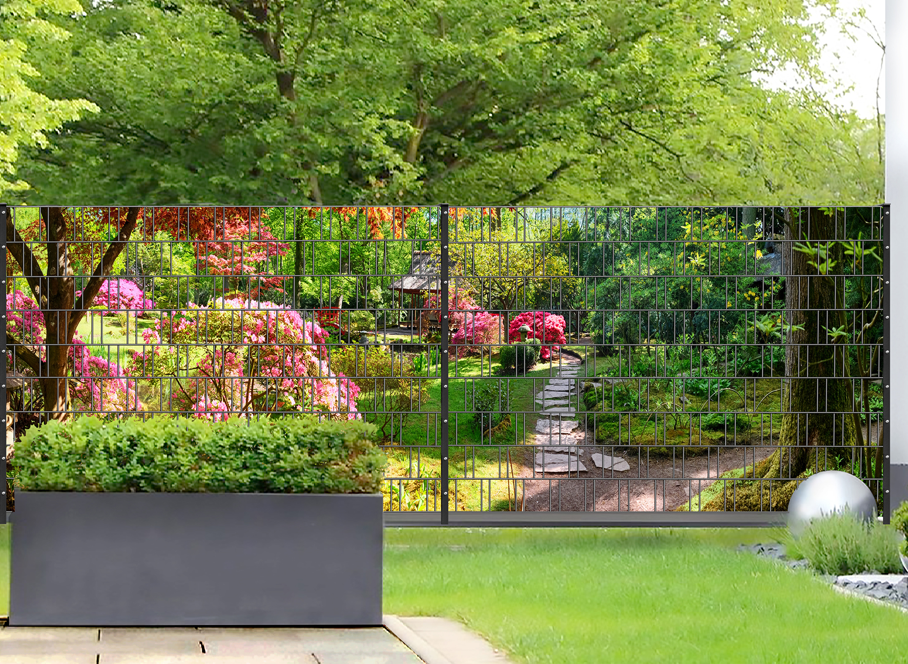 Naturgarten-Sichtschutz – Motivstreifen mit Blumenweg für Garten und Zaun Sichtschutzstreifen mit Naturgarten-Motiv und Blumenweg für Doppelstabmattenzaun