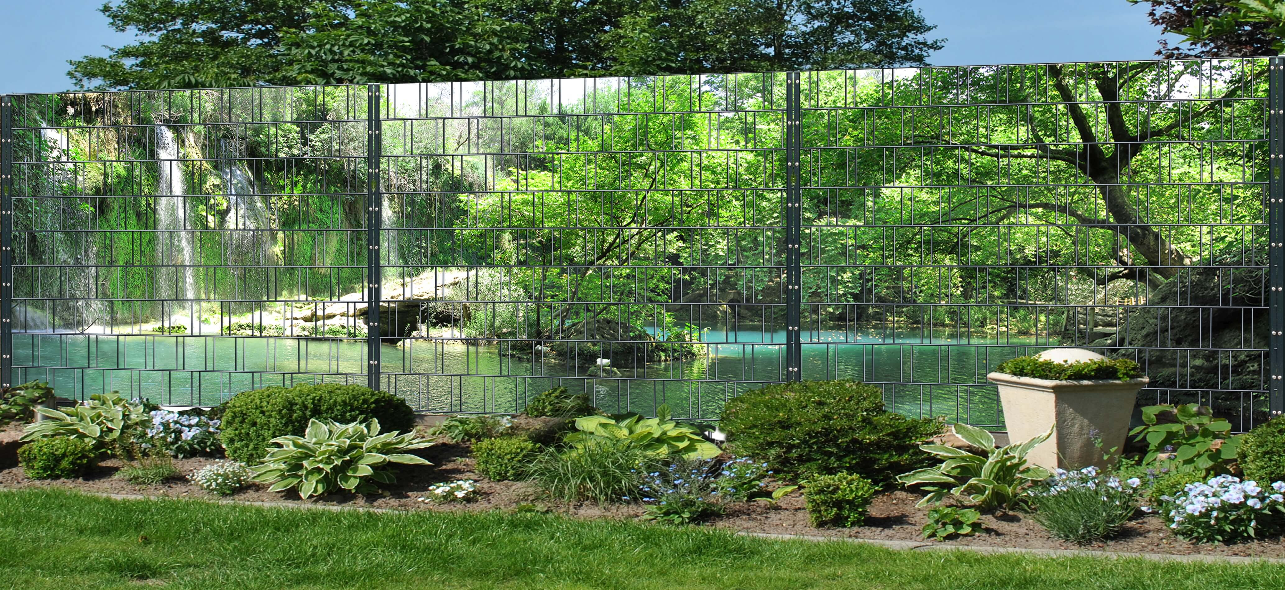 Grotte - Panorama XXL Bedruckte Sichtschutzbahnen für Doppelstabmattenzaun Garten, Hinterhof, Gras, Bewuchs, Topfpflanze