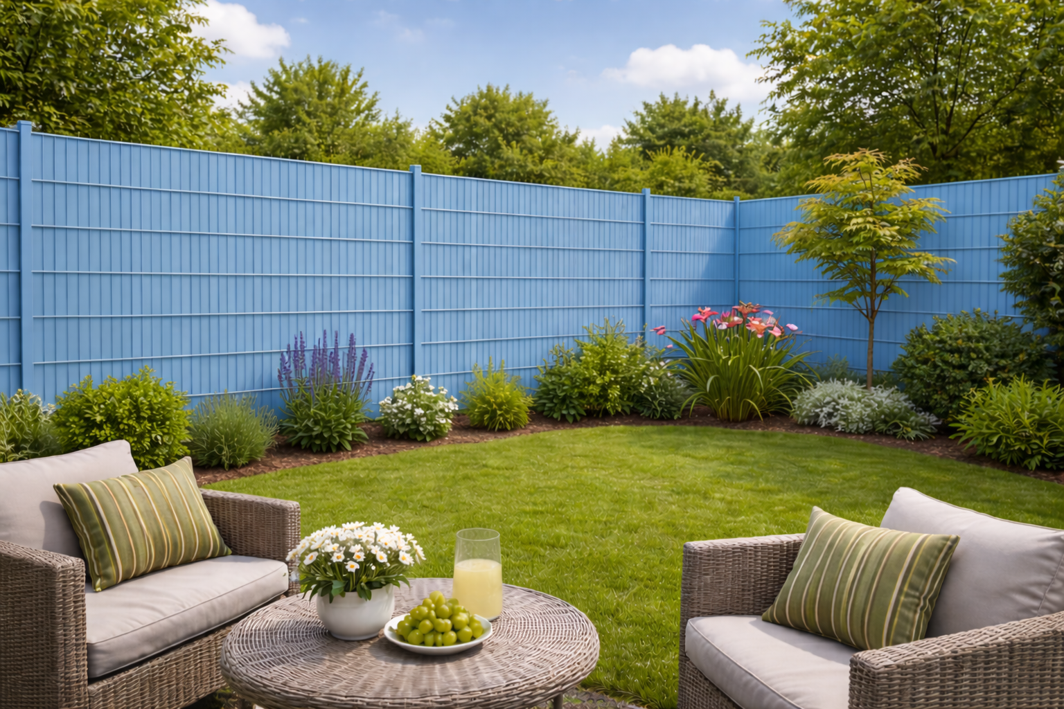 Garten mit RAL 5012 Lichtblau doppelseitige Sichtschutzstreifen im Doppelstabmattenzaun, moderner Garten mit Sitzgruppe und Pflanzen, hochwertige PES-Textilqualität von Zaundruck