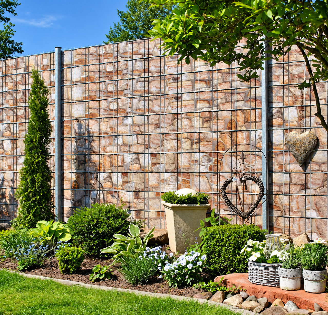 Steinmauer, Gartenzaun, Herzdeko, Topfpflanzen, Blumenbeet