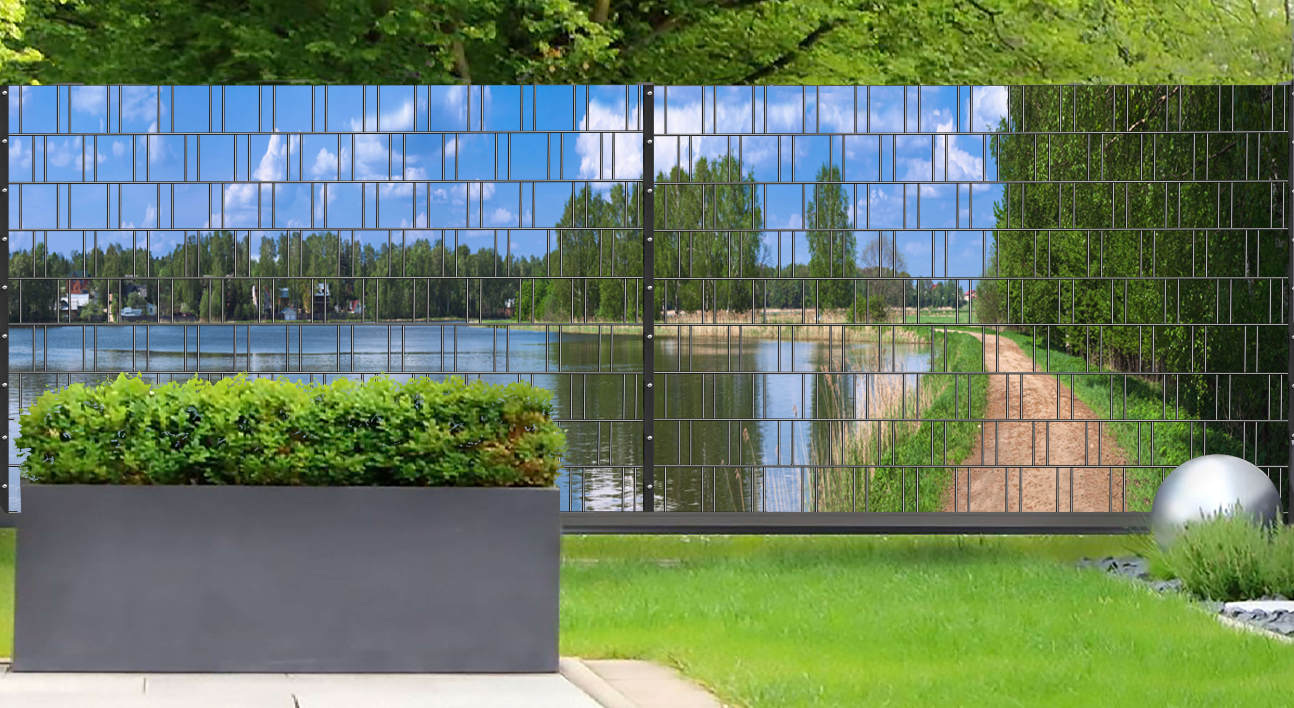 See - Panorama XL Bedruckter Schutzstreifen für Doppelstabmattenzaun Bürogebäude, Gras, Im Freien, Parken, Stadt