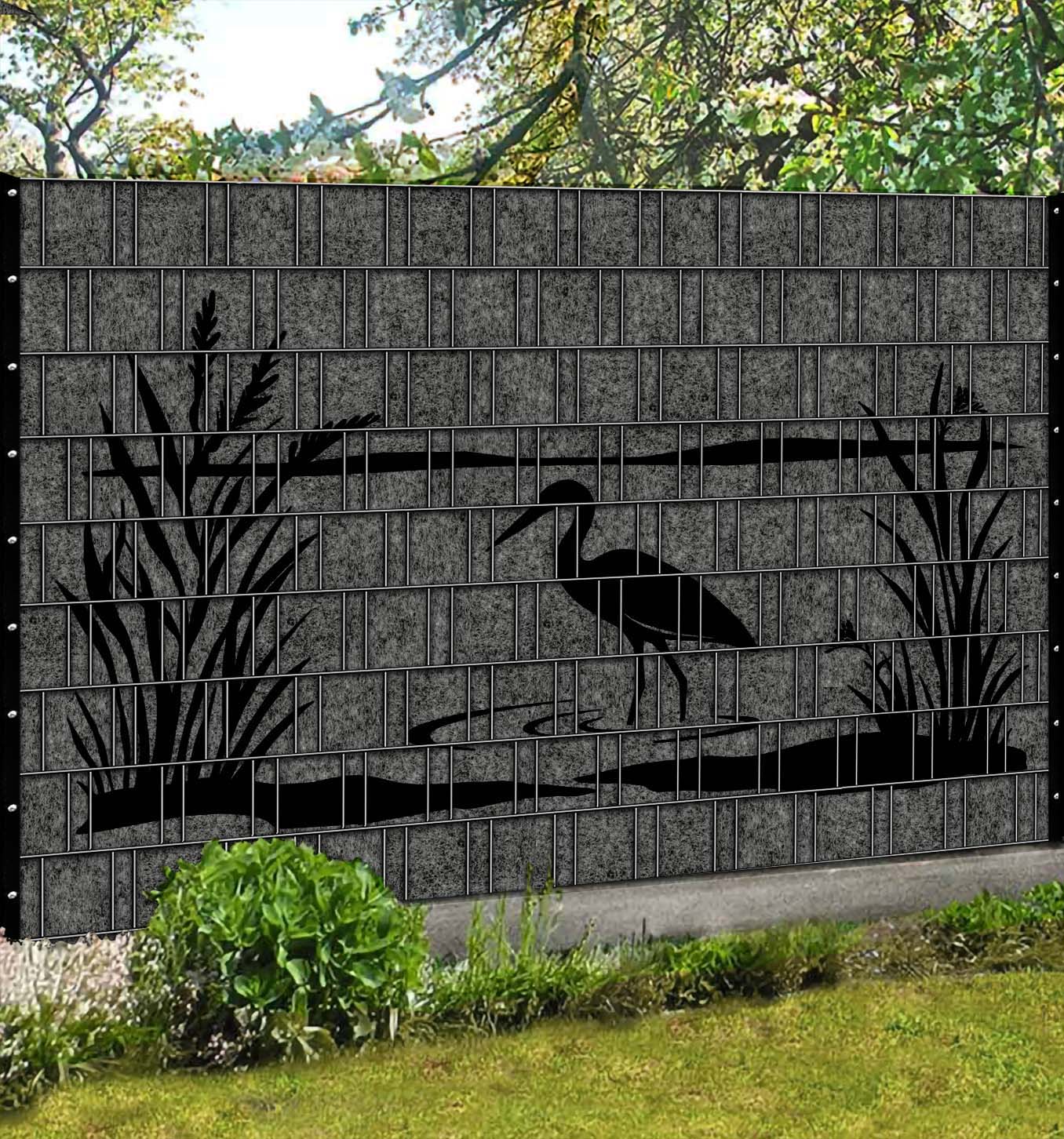 Sichtschutzzaun Storch Florenz – Grau Melange mit Designmotiv Schwarz