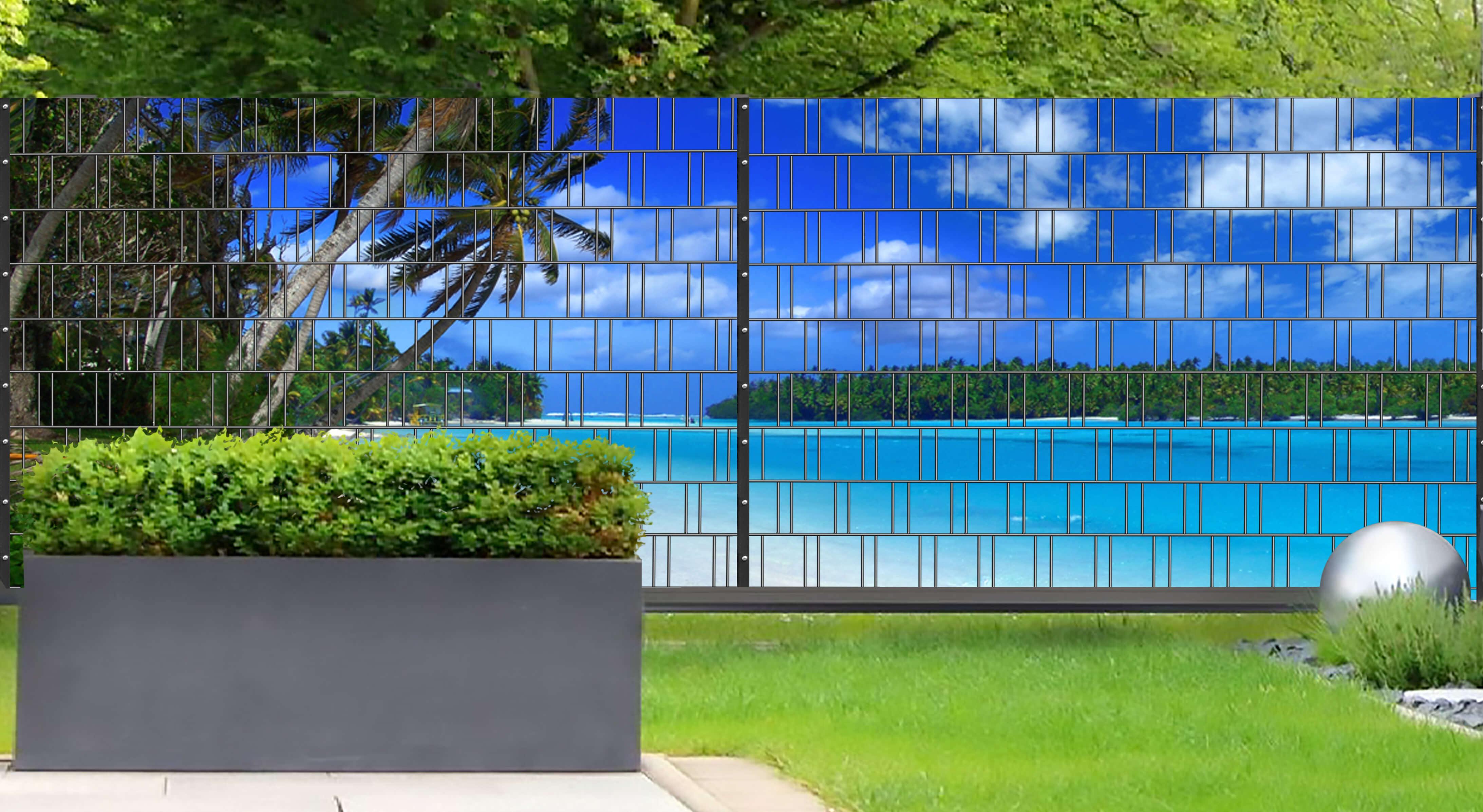 Lagune - Panorama XL Bedruckte Schutzzäune für Doppelstabmattenzaun Topfpflanze, Bürogebäude, Pflanzgefäß, Innenarchitektur, Gras
