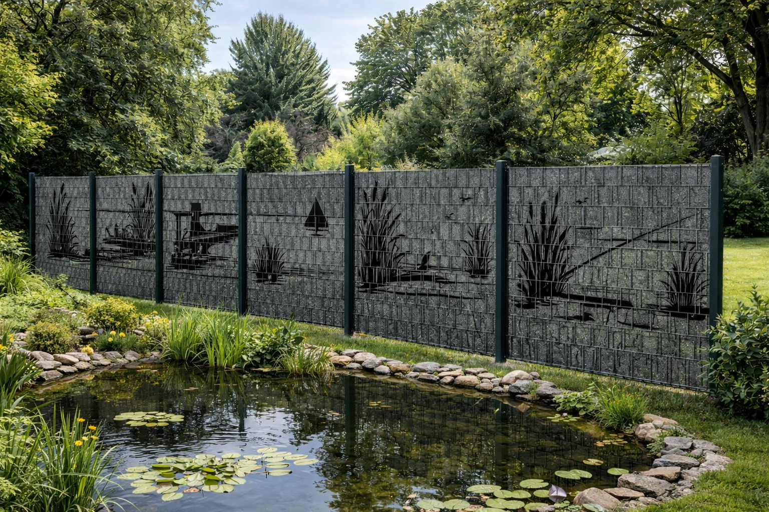 Steingabionen-Zaun mit See-Motiv am Gartenteich