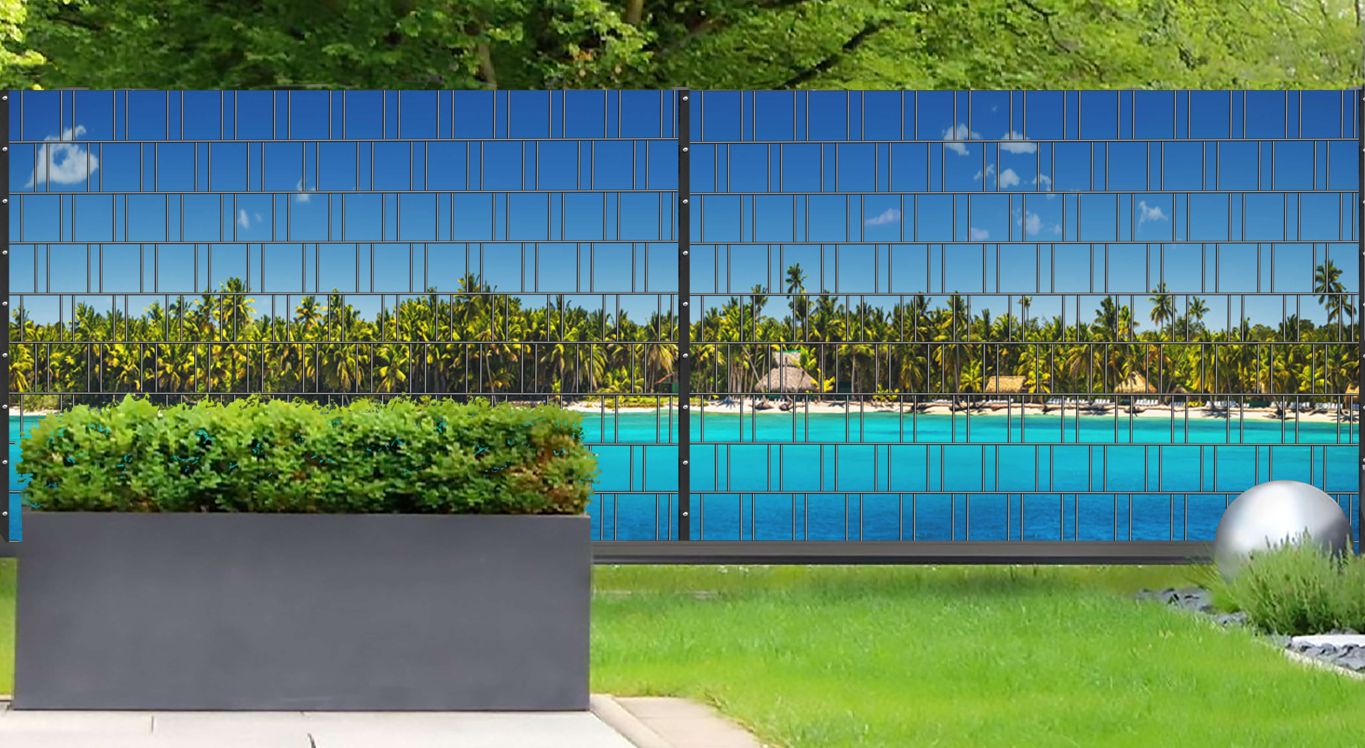 Palm Beach - Panorama XL Dekorative Schutzstreifen für Doppelstabmattenzaun Bürogebäude, Schwimmbad, Gras, Hinterhof