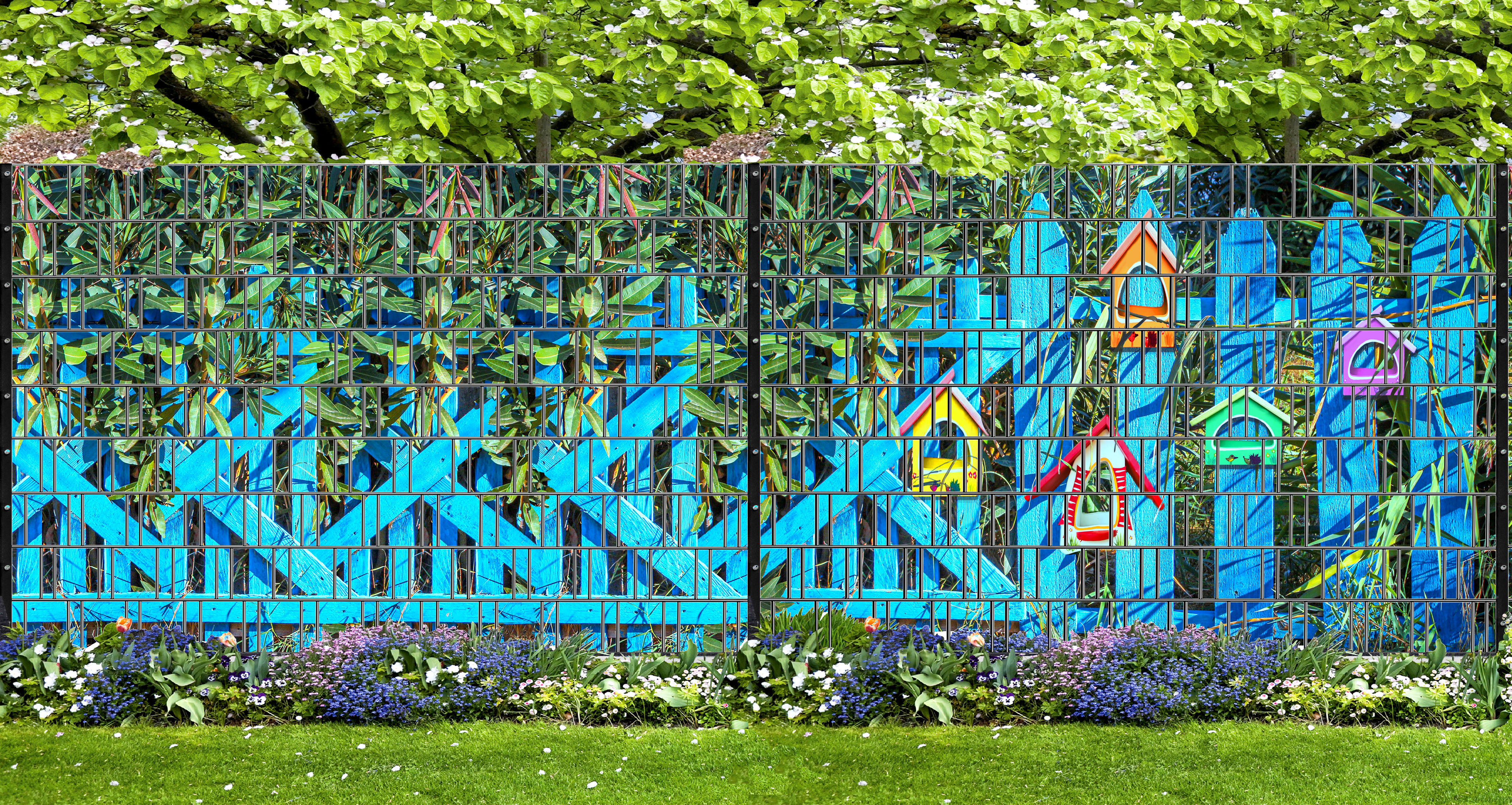 Vogelhaus Panorama XL – die PVC-freie Zaunfolie mit Design für den Doppelstabmattenzaun.erhof, Hof