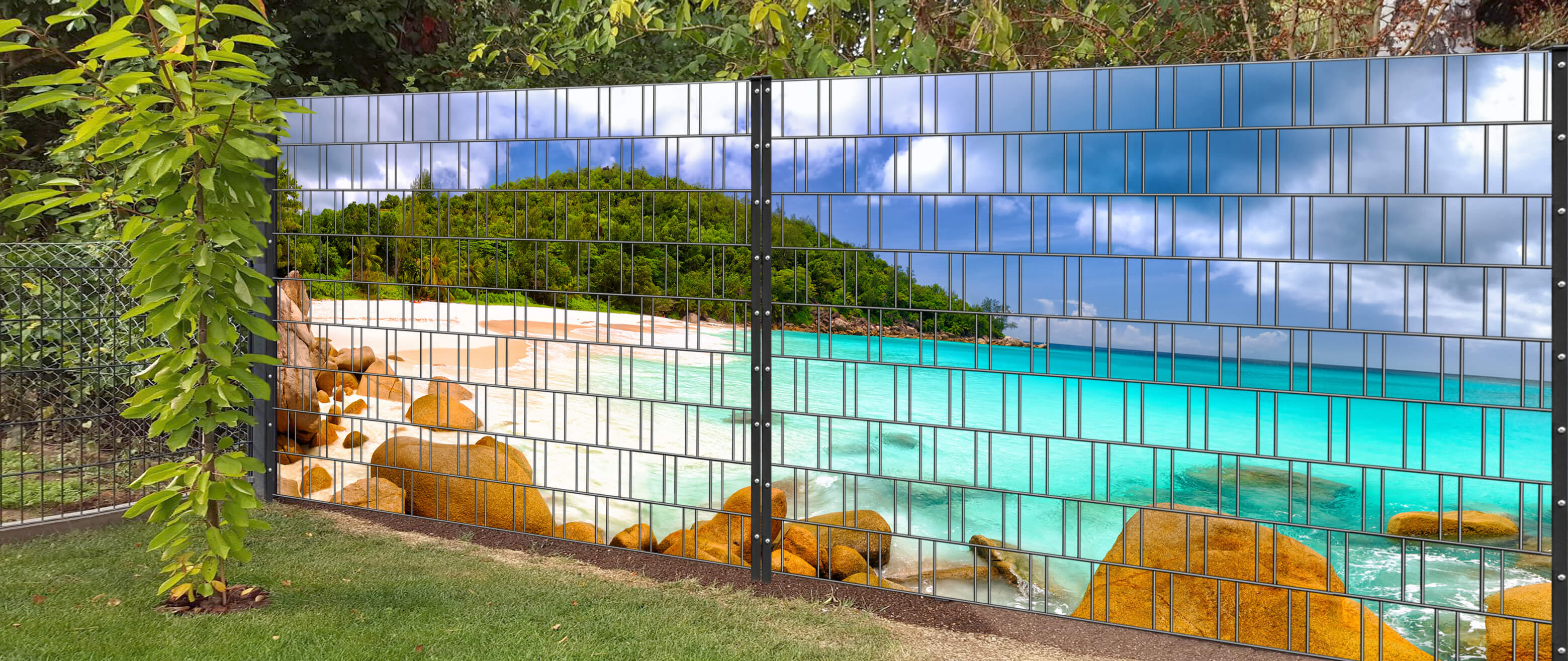 Lagune 2 - Panorama XL Dekorative Sichtschutzstreifen für Doppelstabmattenzaun Hinterhof, Natur, Draußen, Sommer, Wasser