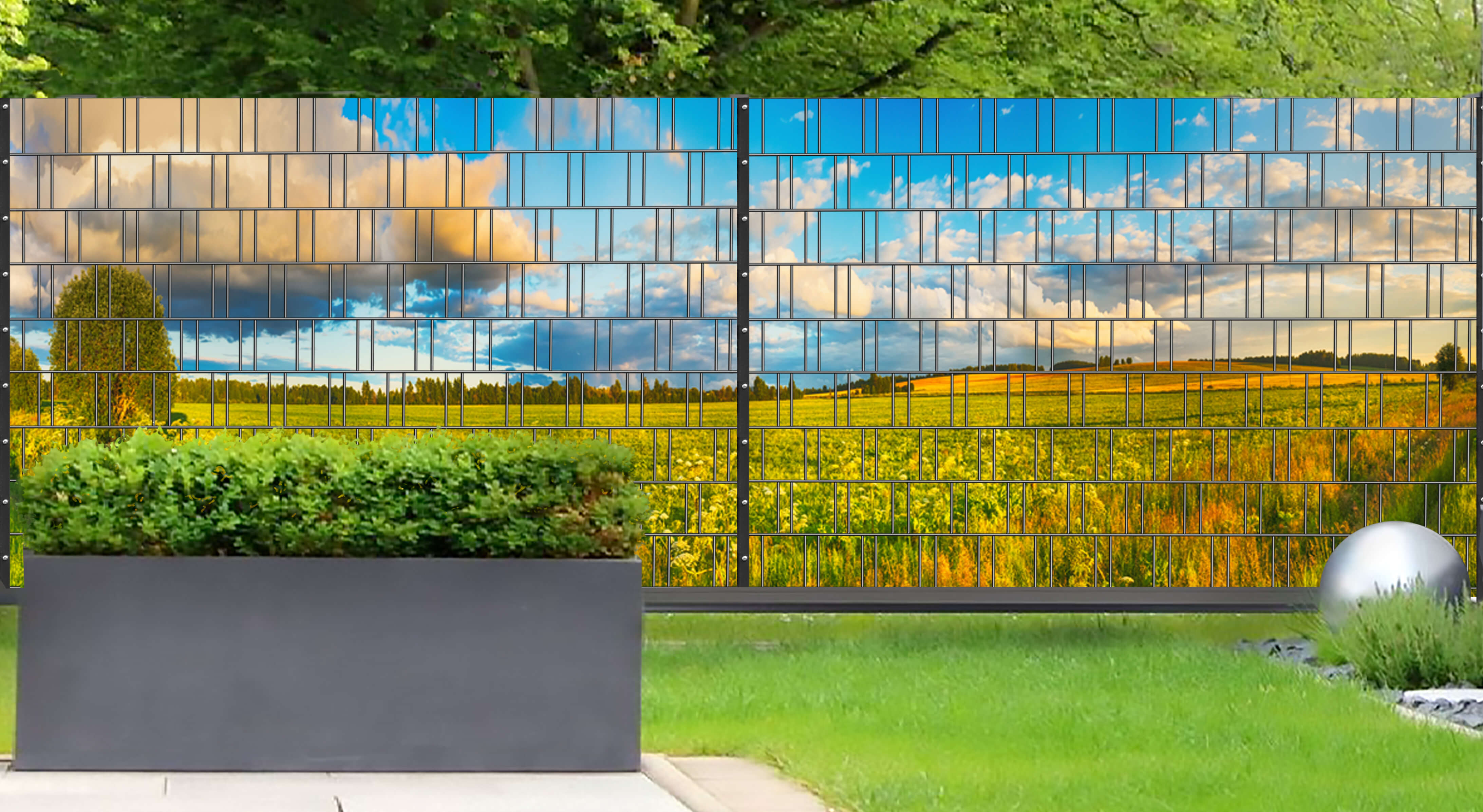 Wiese - Panorama XL bedruckte Zaunfolie mit Design für Doppelstabmattenzaun Gras, Bürogebäude, Park, Innenarchitektur, Kunst