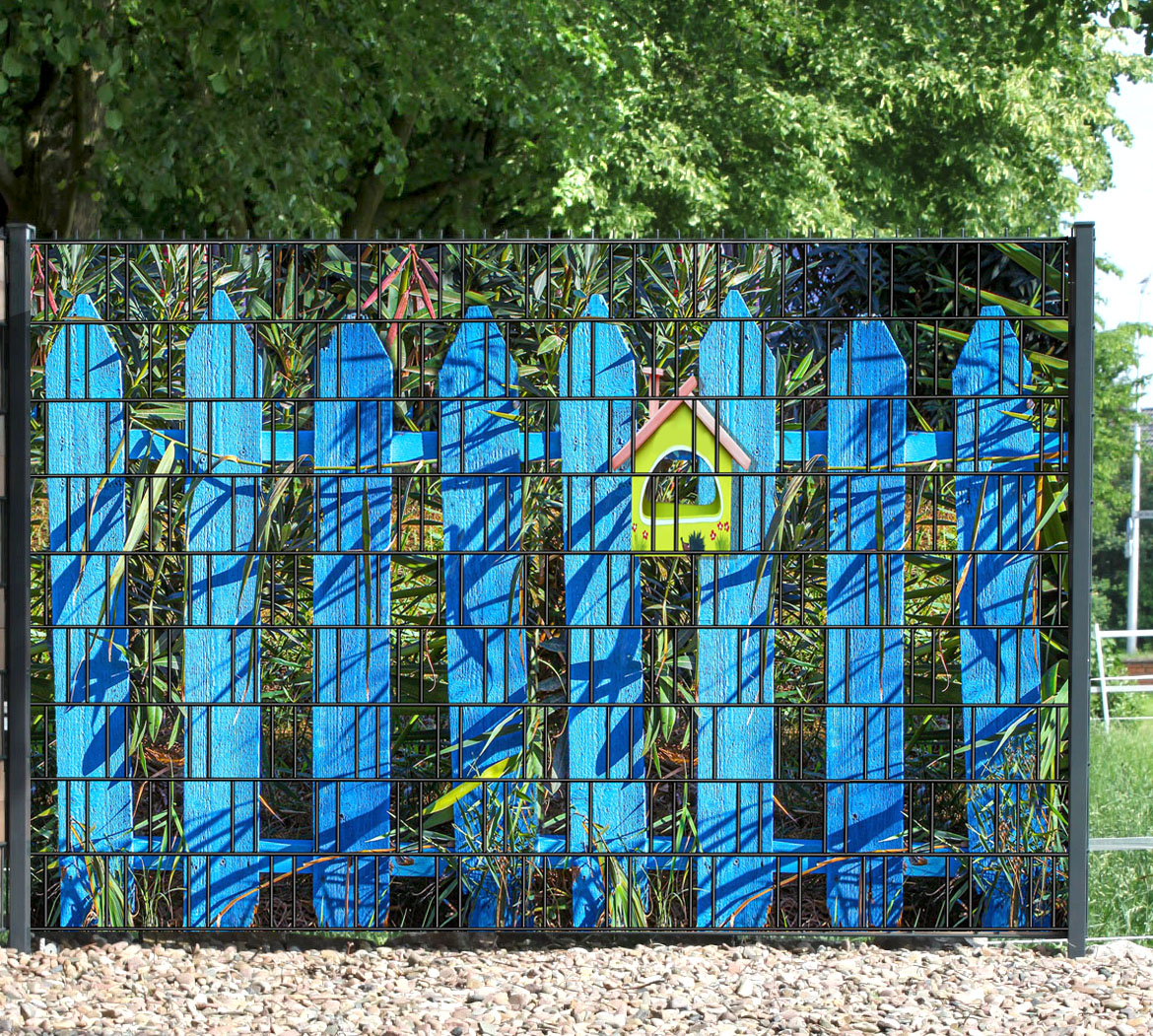 Vogelhaus 3 – Bedruckter Sichtschutzstreifen für Doppelstabmattenzaun | Wetterfest & UV-beständig