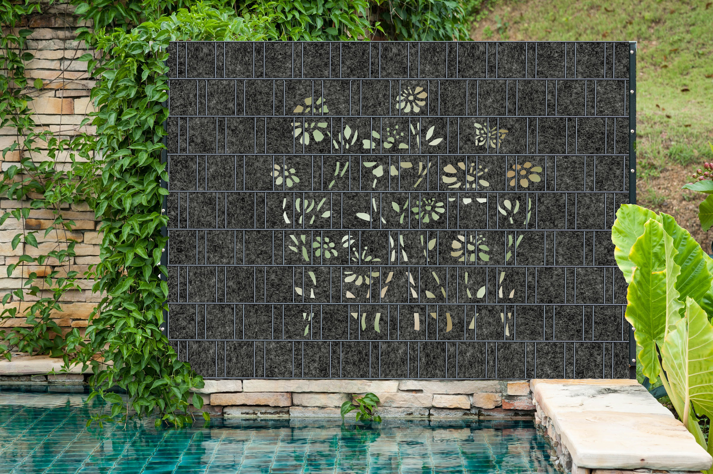 Blume2400 Laser Blume Florenz Grau - Design Vlies Sichtschutz Doppelstabmattenzaun
