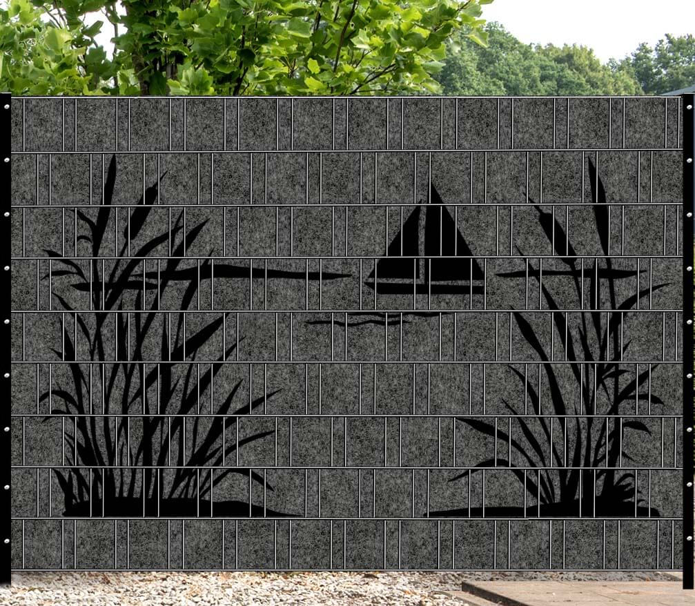 Grijze melange zichtscherm met zwart zeilbootmotief