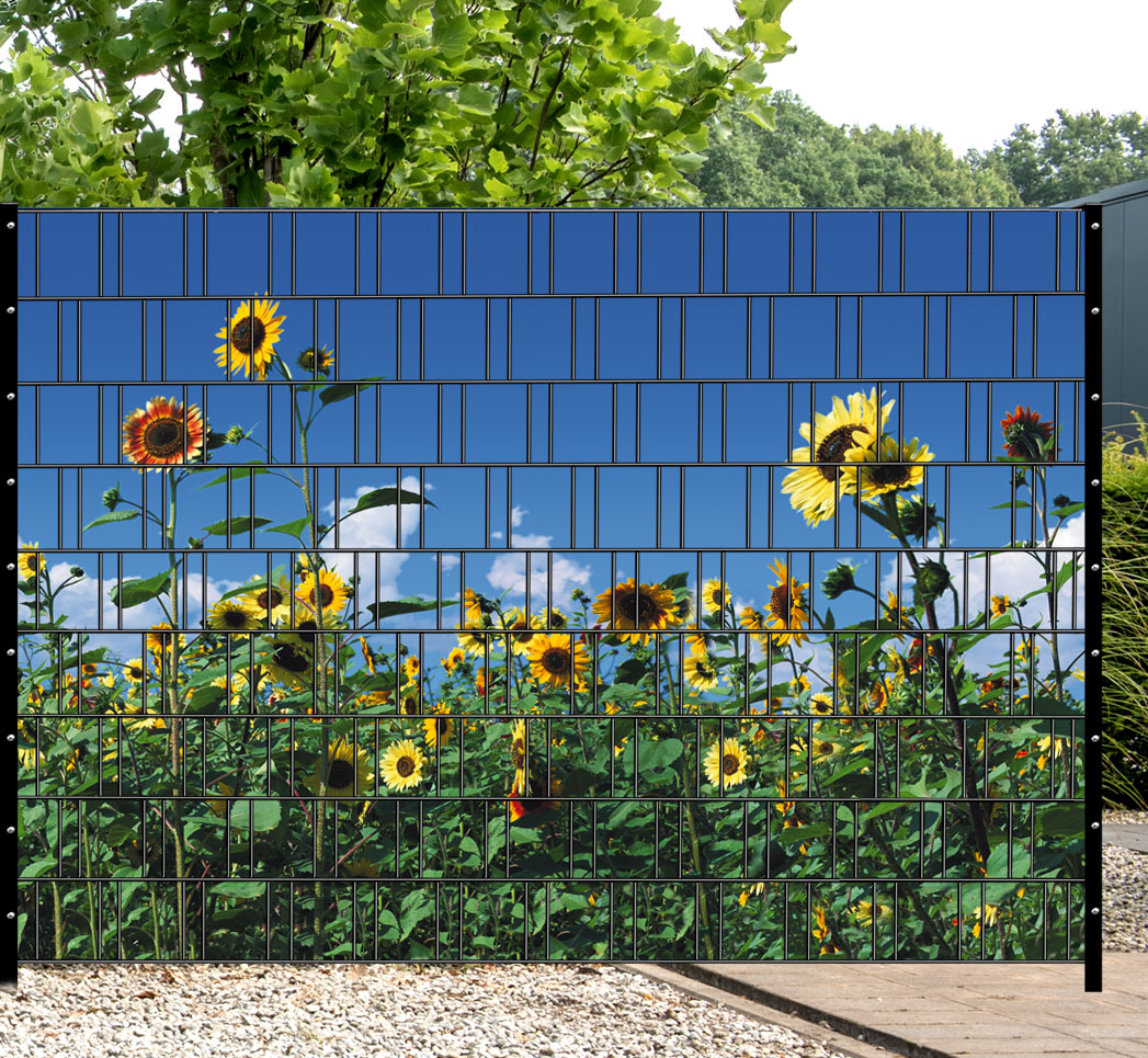 Gartenzaun, Sonnenblumen, Gartenbild, Metallzaun, Bildmuster