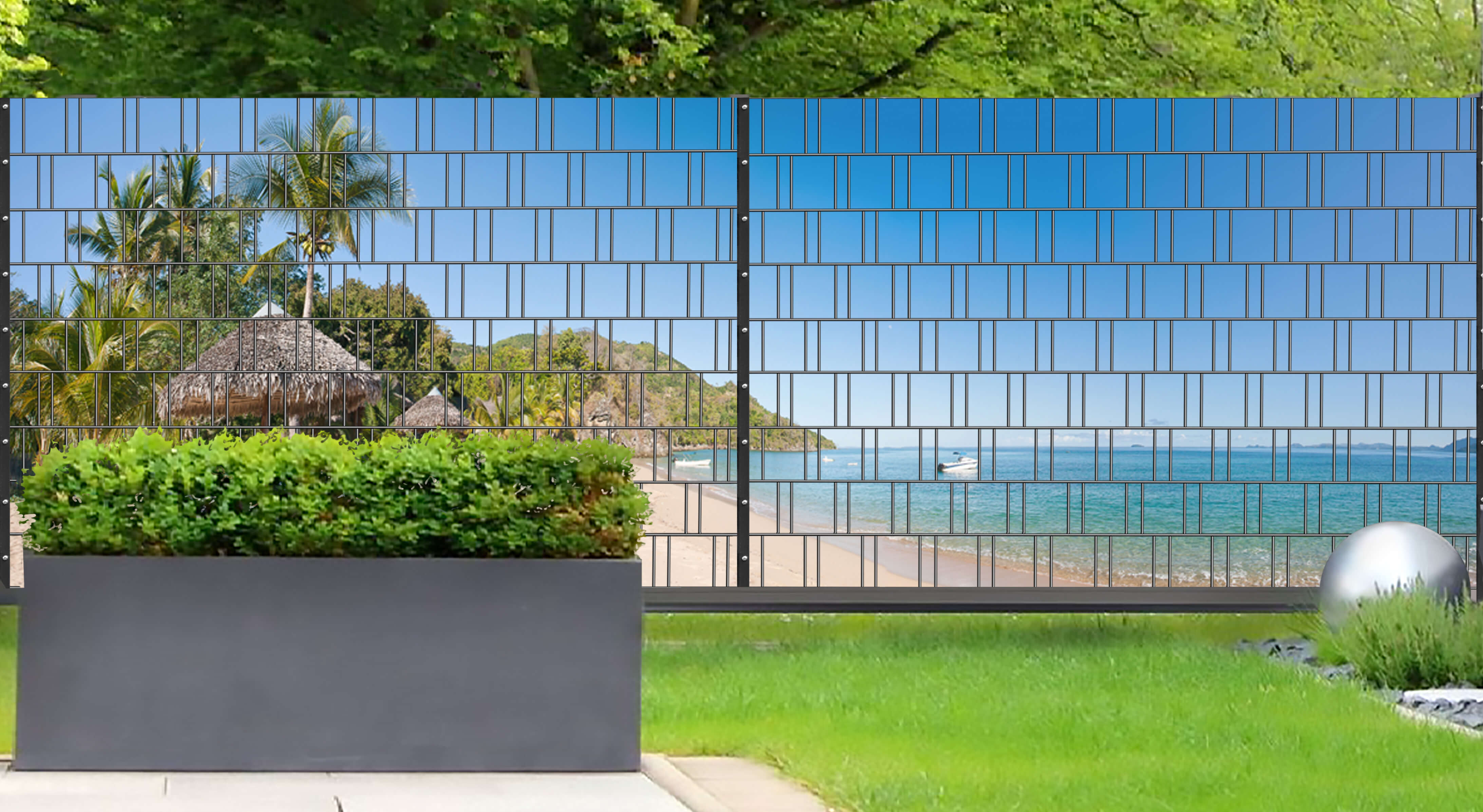 Sandstrand - Panorama XL bedruckter Zaunsichtschutz mit Design Stabmatten Topfpflanze, Pflanzgefäß, Innenarchitektur, Gras, Im Freien