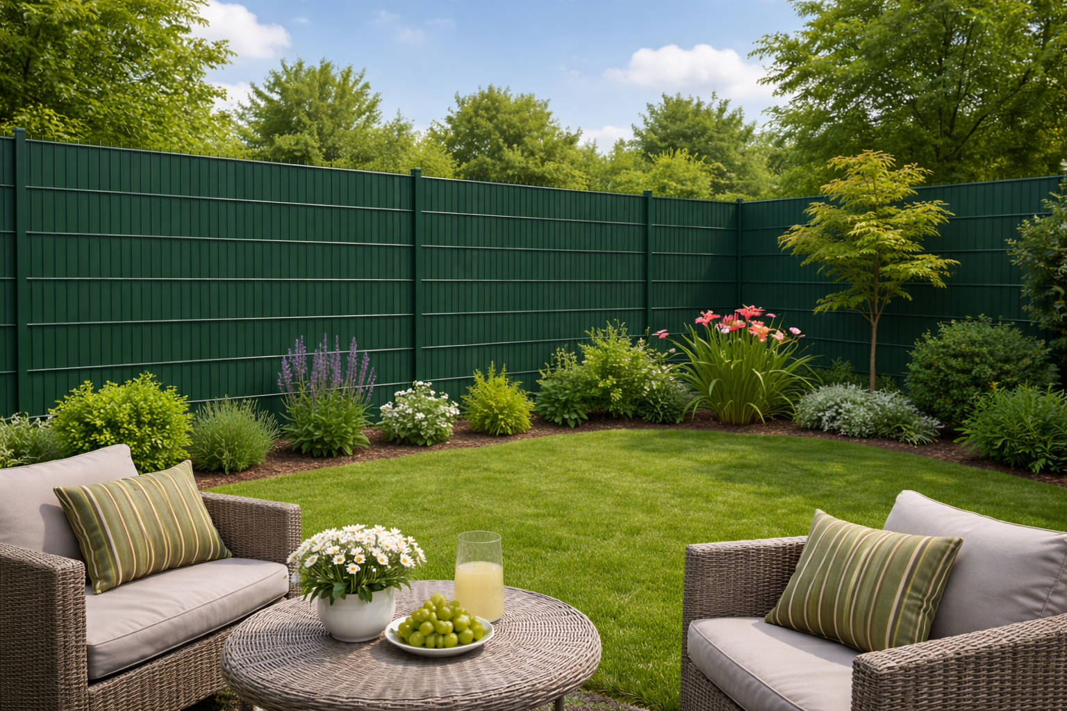 Garten mit grünem Doppelstabmattenzaun, bestückt mit Zaundruck Sichtschutzstreifen RAL 6009 Tannengrün, doppelseitig bedrucktes Textilgewebe als blickdichter, wetterfester Sichtschutz für Terrasse und Garten