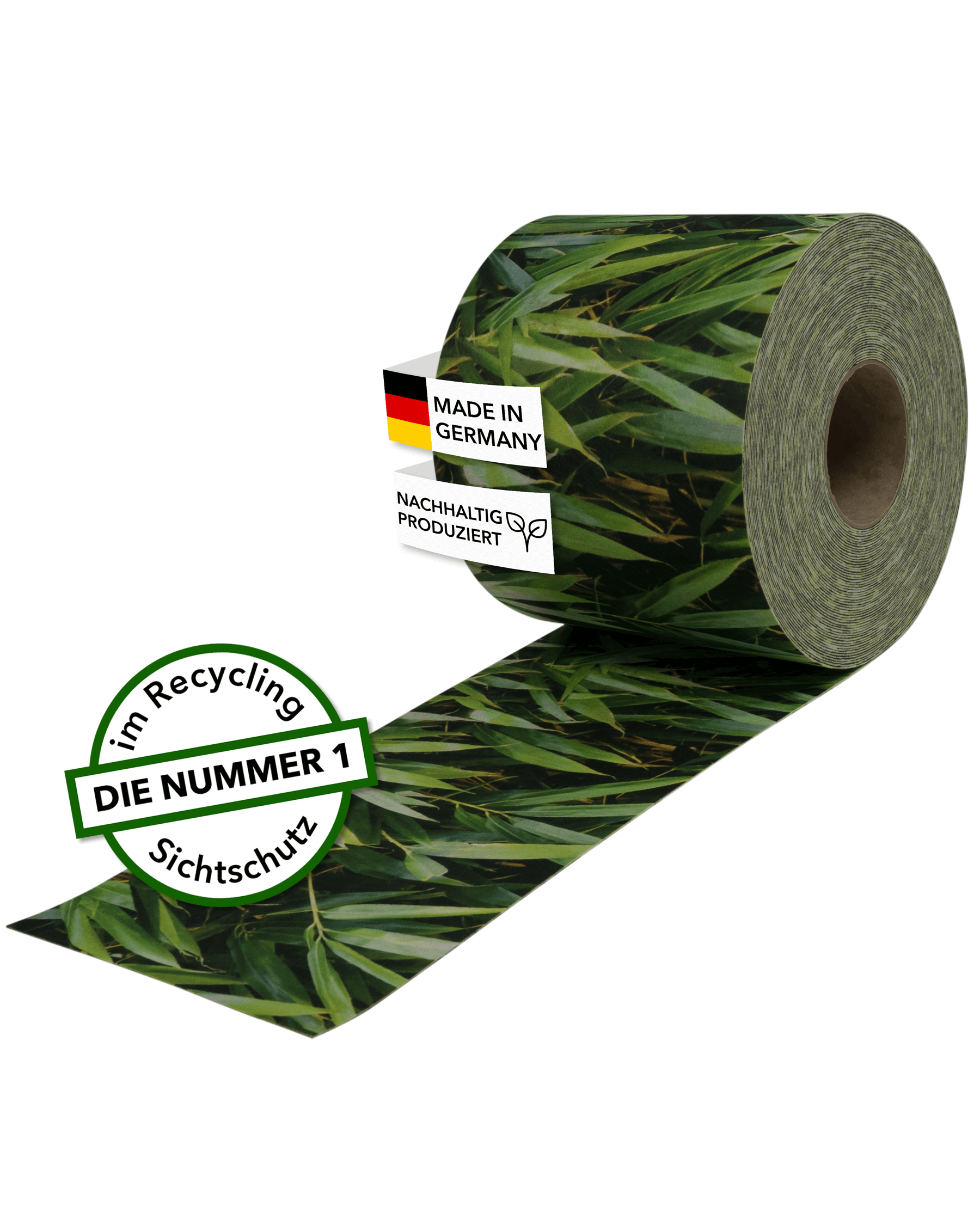Bedruckter-Sichtschutzstreifen_B082P27CPR_Bild-1_Hero-Bambusbla-tter Bambusblätter - Bedruckter Sichtschutz Doppelstab Zaun