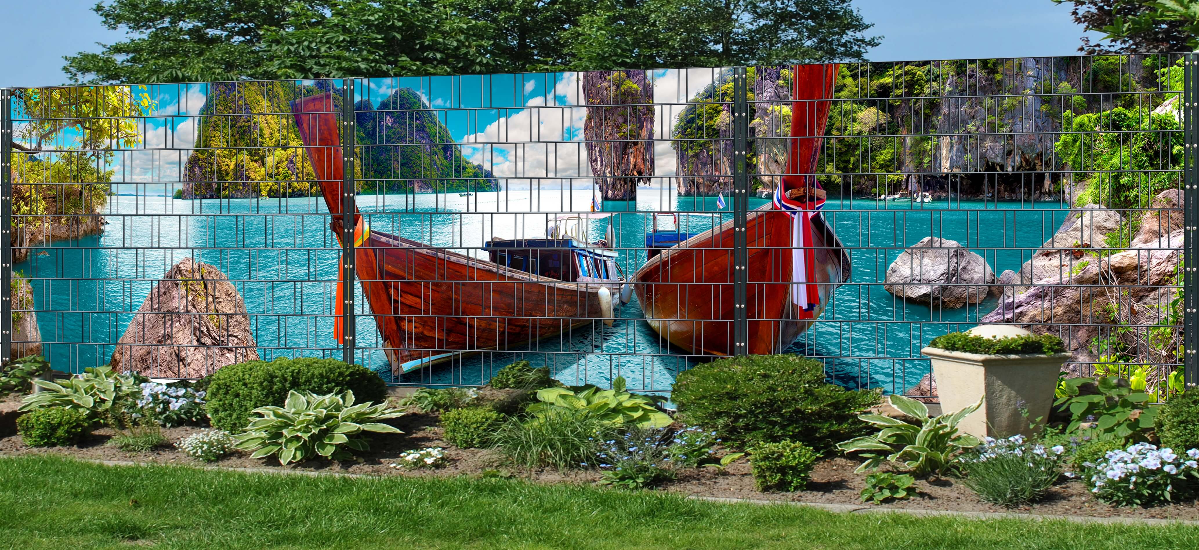 Boote - Panorama XXL Bedruckte Zaunschirme für Doppelstabmattenzaun Hinterhof, Draußen, Gras, Gemälde, Garten