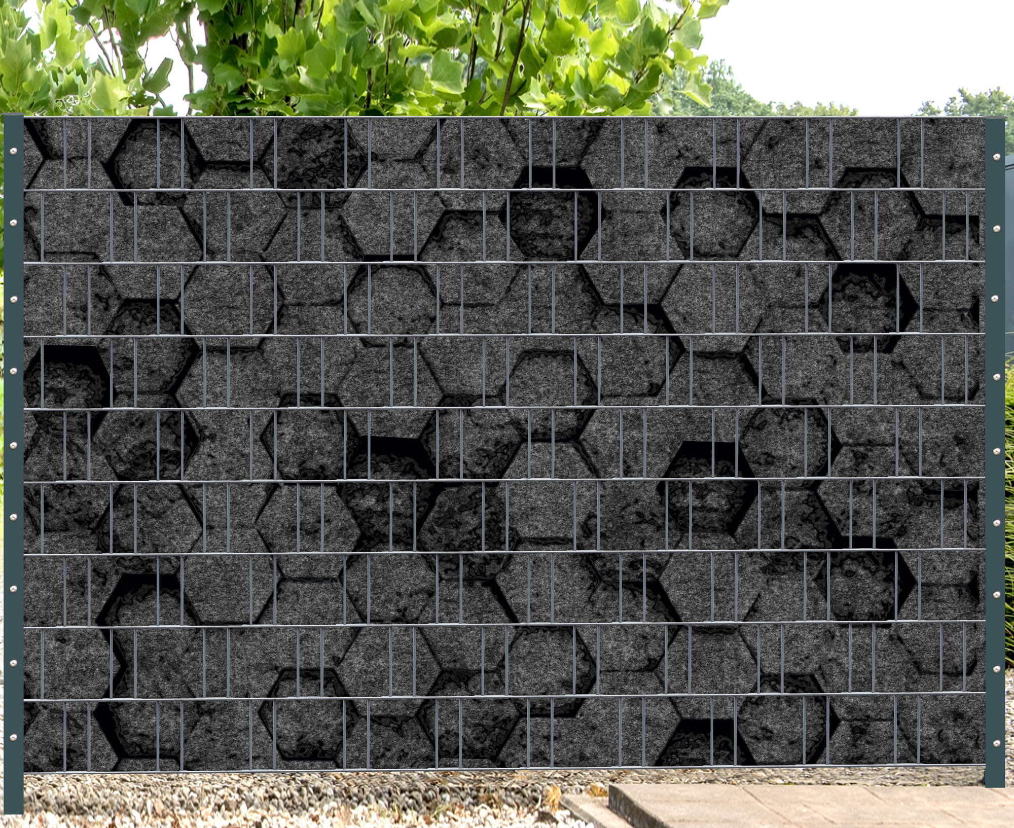 Florenz Honeycomb – Melange mit schwarzem Motivdruck – Zaun Sichtschutz