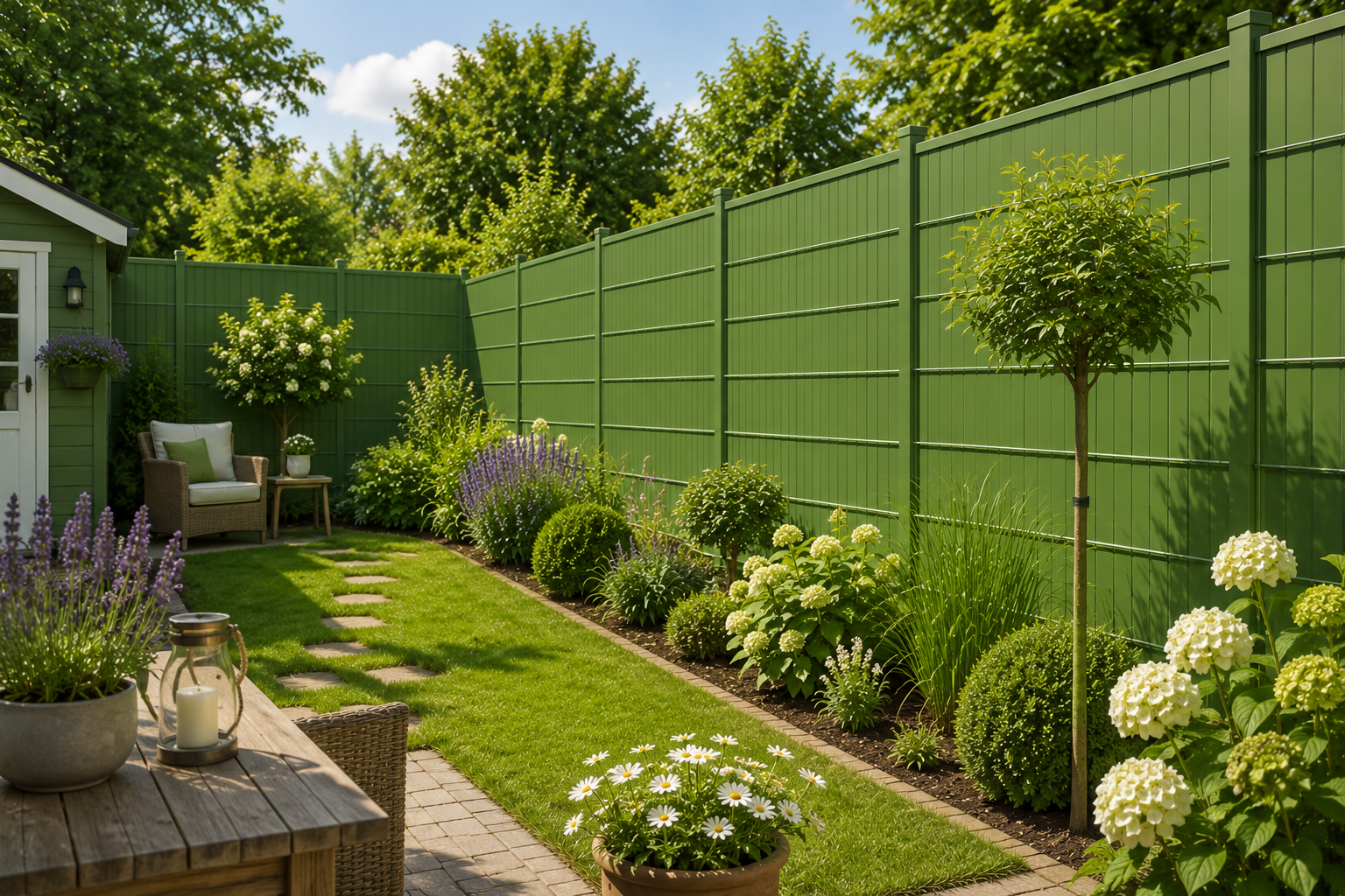 Low-maintenance green privacy fence forming a high garden wall behind colourful flower borders, lawn path, garden shed and cosy lounge area in a sunny small garden