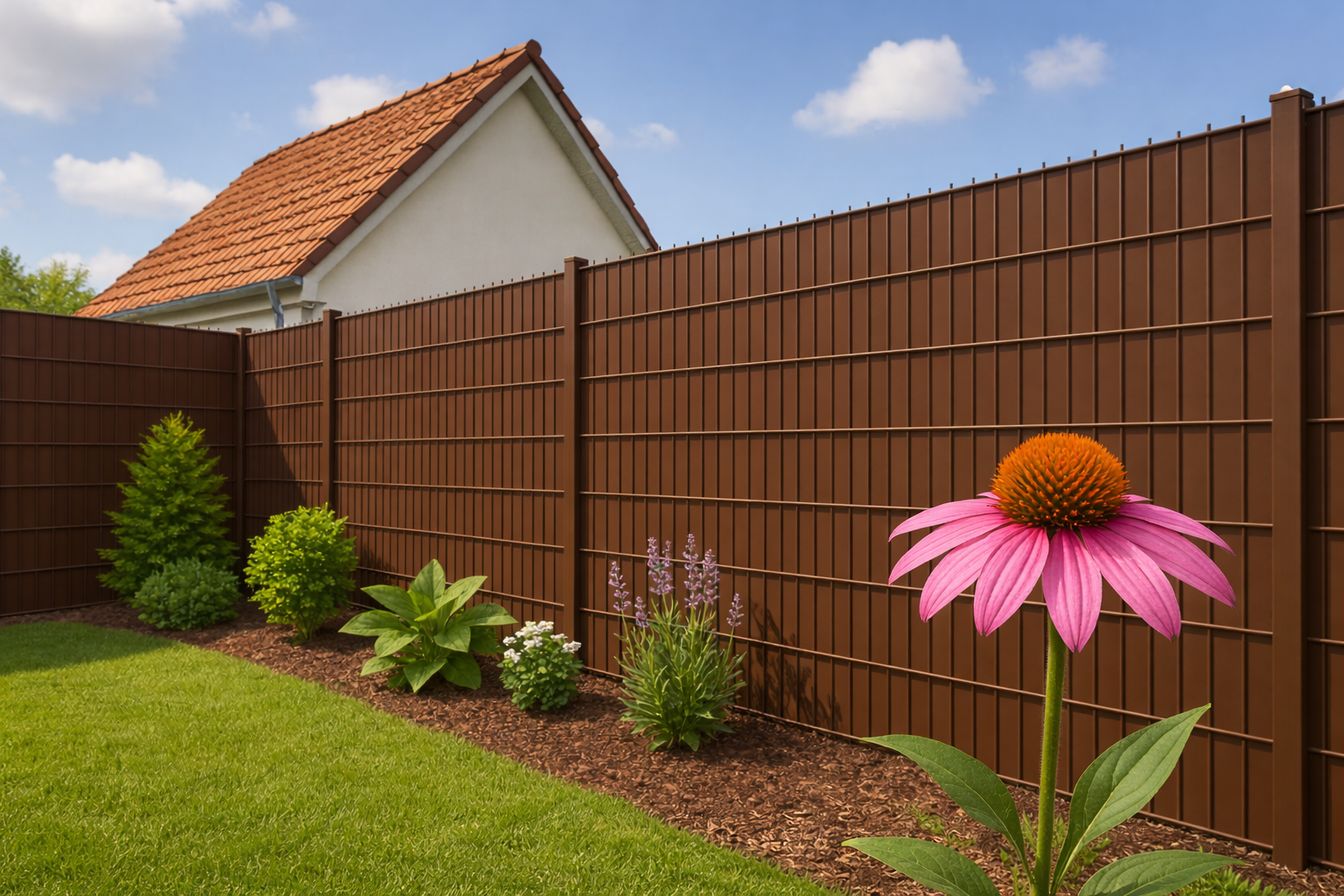 Moderner brauner Metall-Sichtschutzzaun im Garten mit Staudenbeet und pinker Echinacea-Blüte im Vordergrund