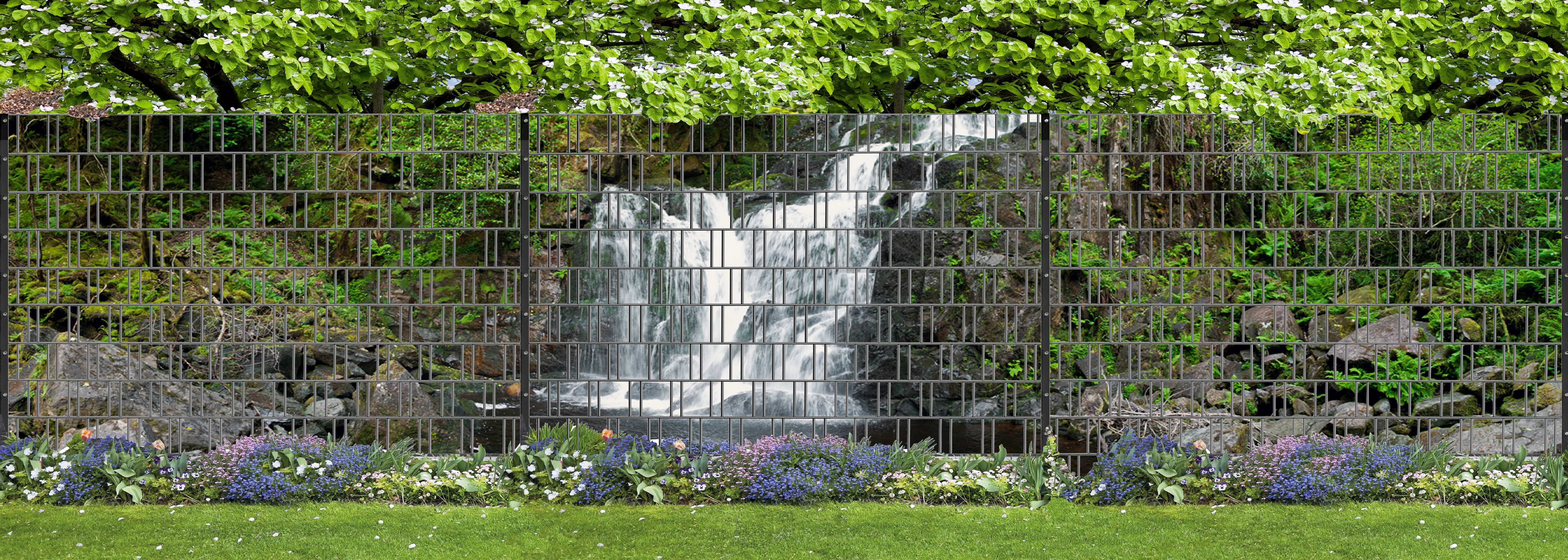 Waldwasserfall - Panorama XXL Zaunsichtschutz bedruckt für Doppelstabmattenzaun Natur, Draußen, Wasser, Garten, Vegetation