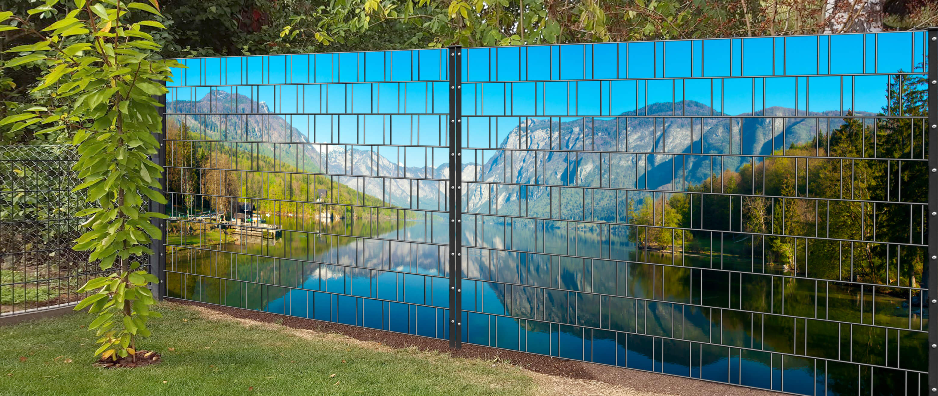 Fjord - Panorama XL Bedruckte Zaunabdeckungen für Doppelstabmattenzaun Hinterhof, Draußen, Innenarchitektur, Tor, Bürogebäude