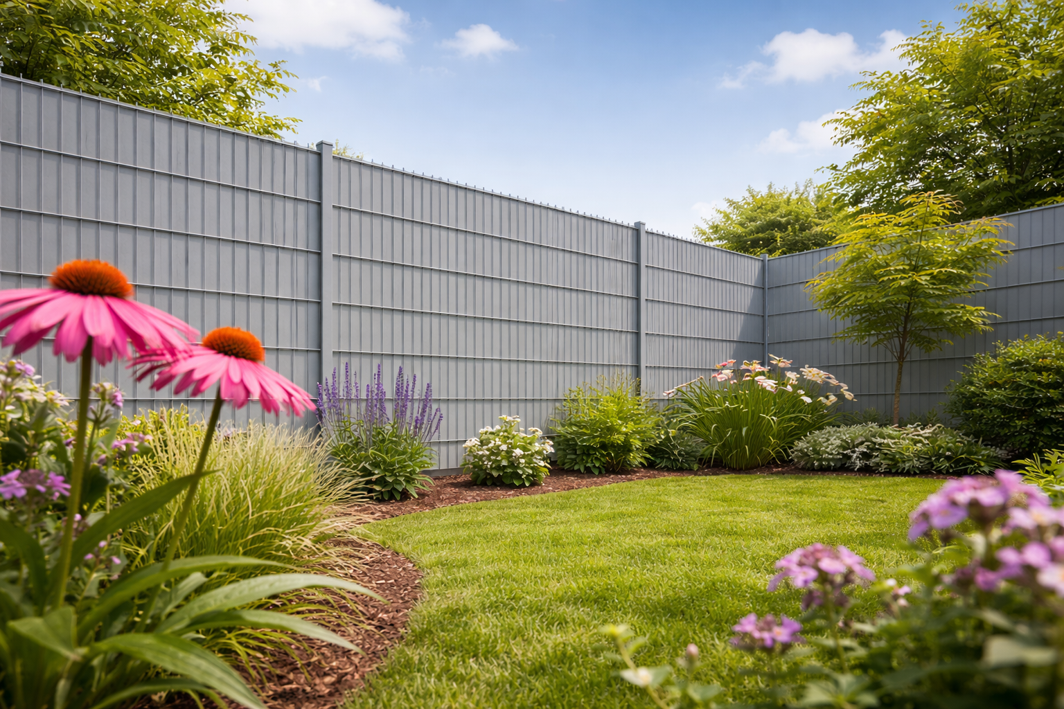 Garten mit gepflegtem Rasen, bunten Stauden und hohem grauen Metall-Sichtschutzzaun als moderner Sichtschutz