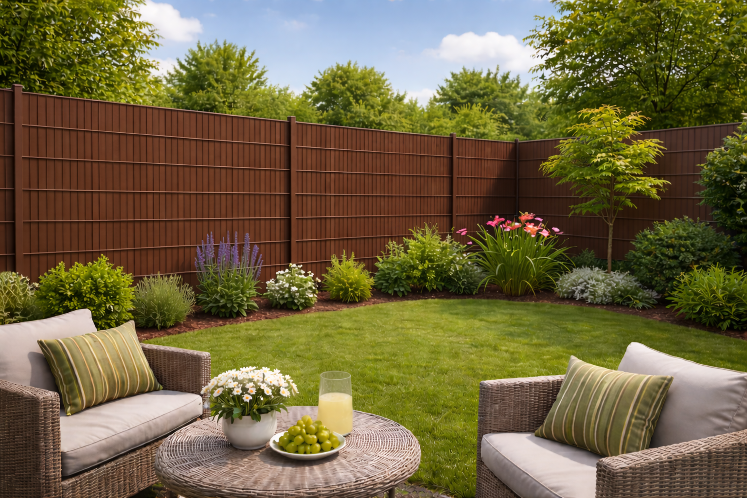 Moderner brauner Sichtschutzzaun aus Lamellen im Garten, umgeben von bepflanzten Beeten und einer Sitzgruppe aus Polyrattan-Sesseln mit Tisch