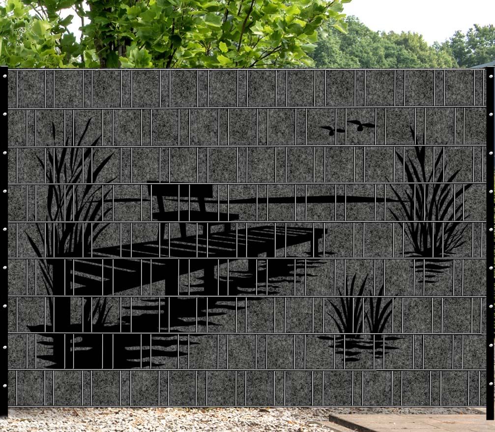 Zichtscherm met steiger-motief huis bij het meer Zaundruck