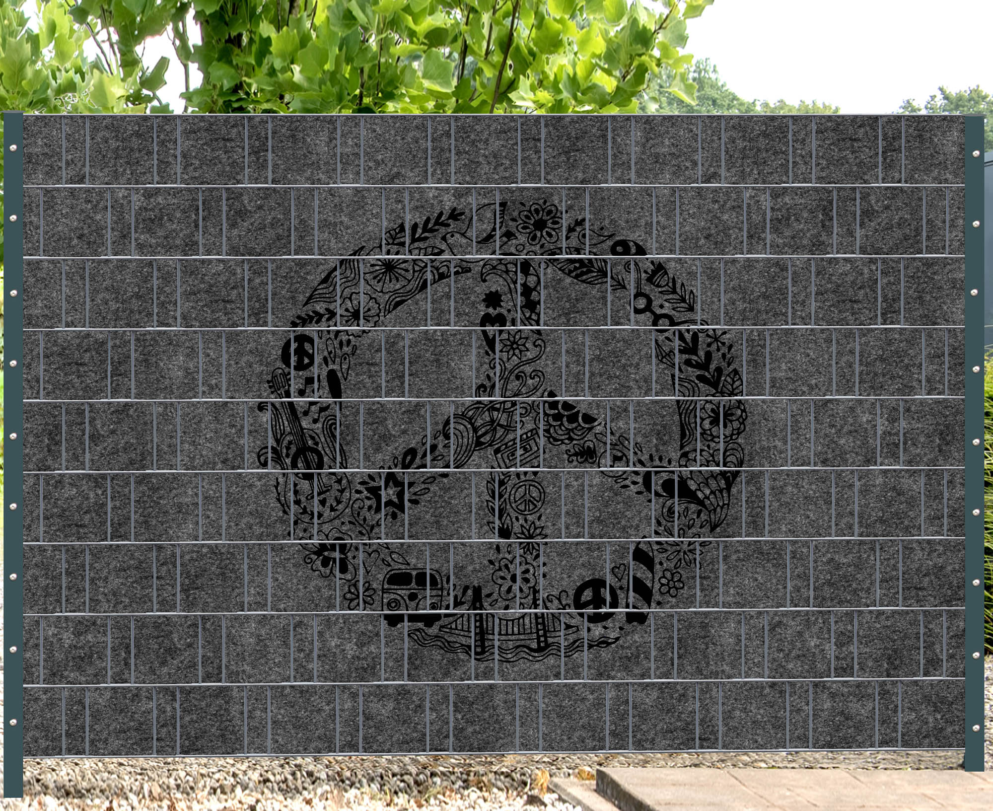 Florenz Peace – Melange mit schwarzem Motivdruck – Sichtschutz Doppelstabmatten