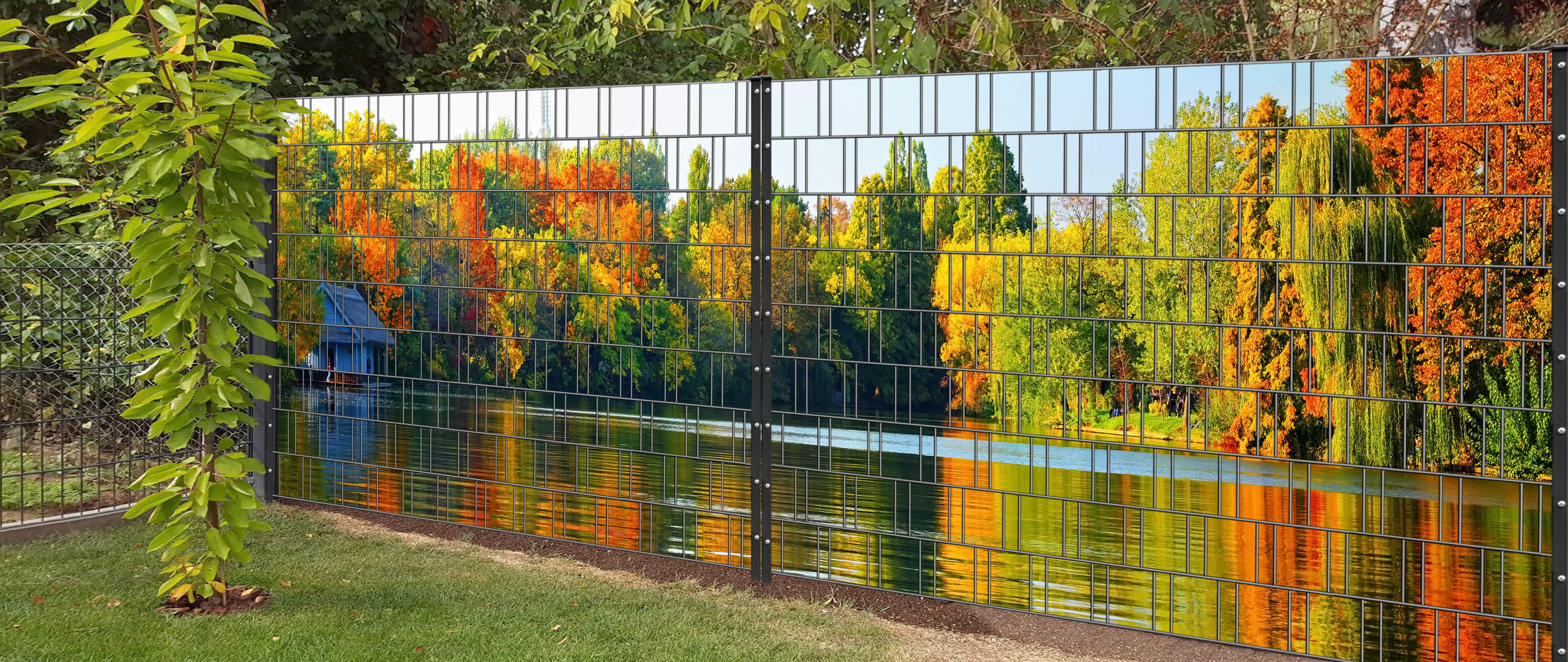 Blätterwald Panorama XL – die PVC-freie Sichtschutz-Verkleidung für Doppelstabmatten.or, Baum