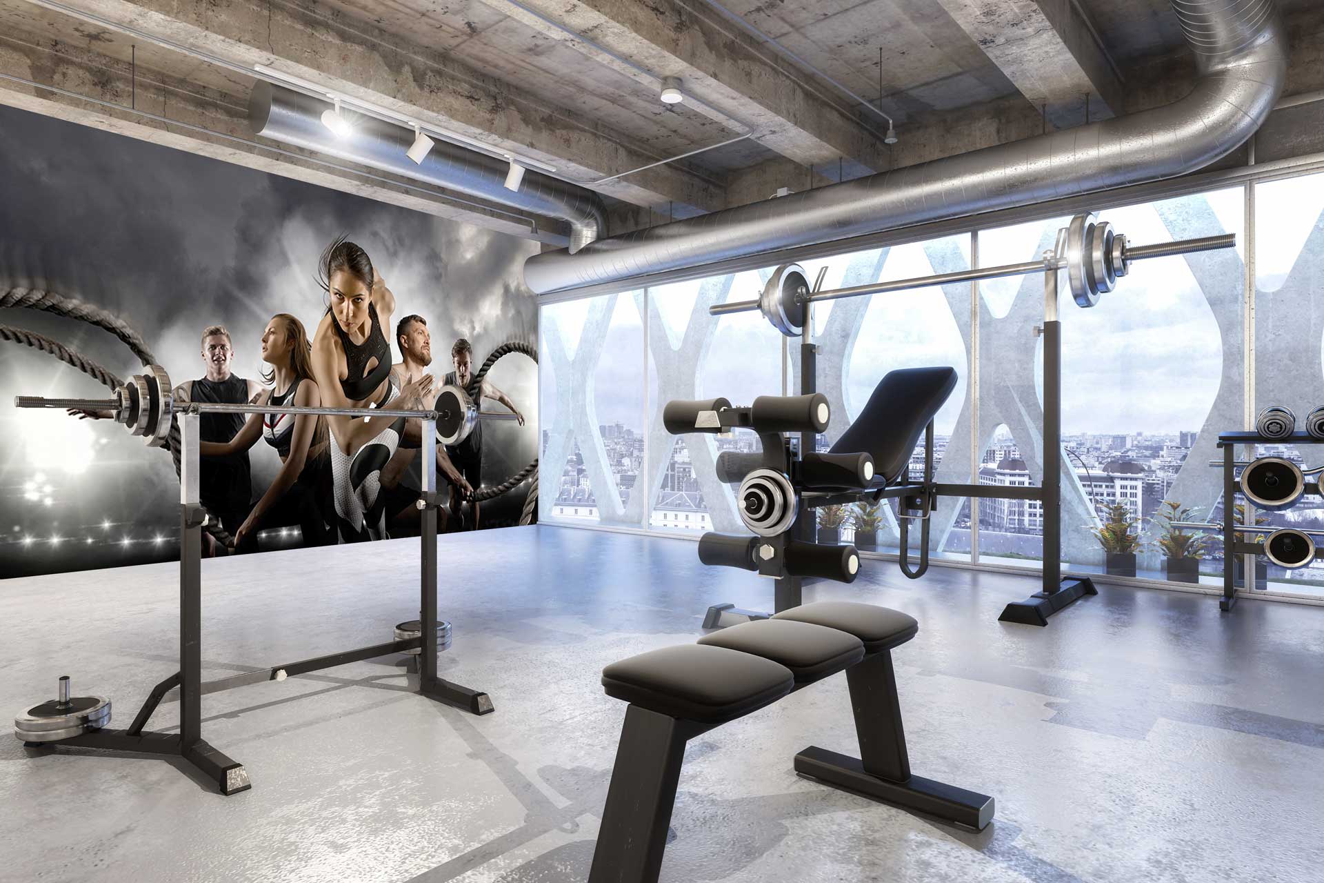 Fitnessstudio mit individuell bedruckter Wand und Boden