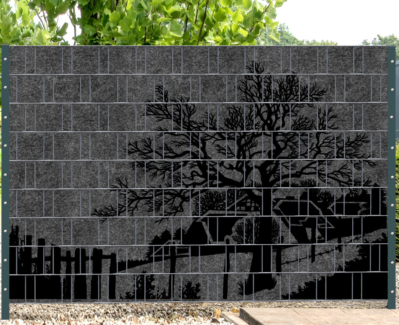 Florenz Country 1 - Melange mit schwarzen Motivdruck - Stabmattenzaun Sichtschutz