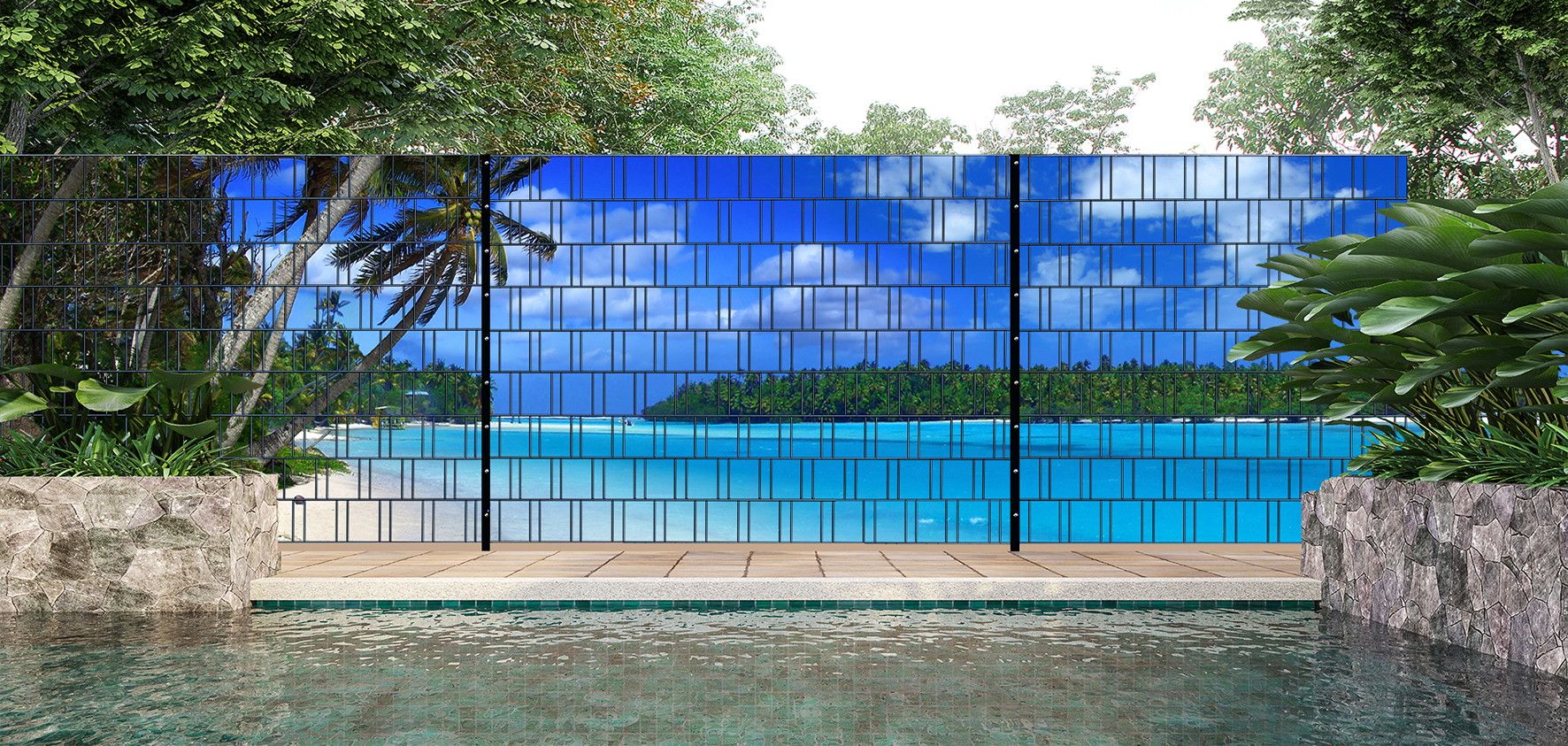 Lagune XXL – Sichtschutzstreifen für Doppelstabmattenzaun mit tropischem Motiv Sichtschutzstreifen mit Lagune-XXL-Motiv für Doppelstabmattenzaun im Garten