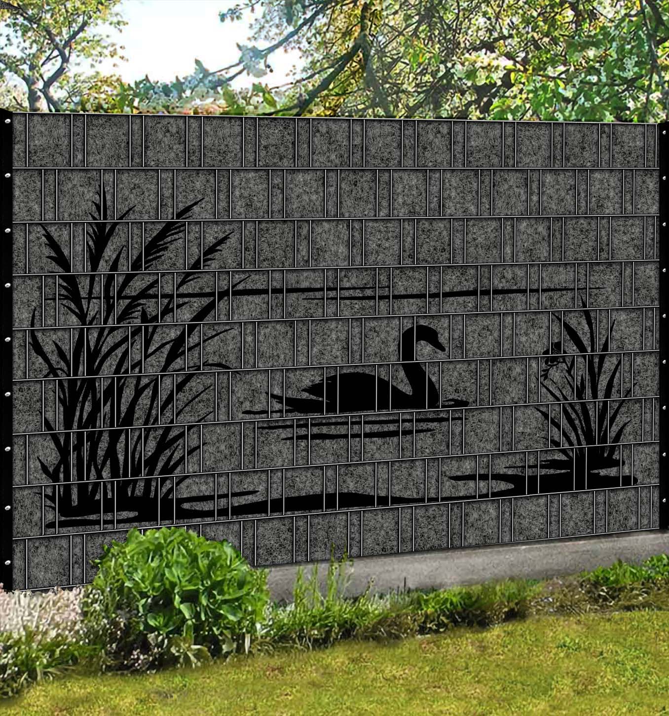 Sichtschutzzaun Schwan – Grau Melange mit Designmotiv Schwarz