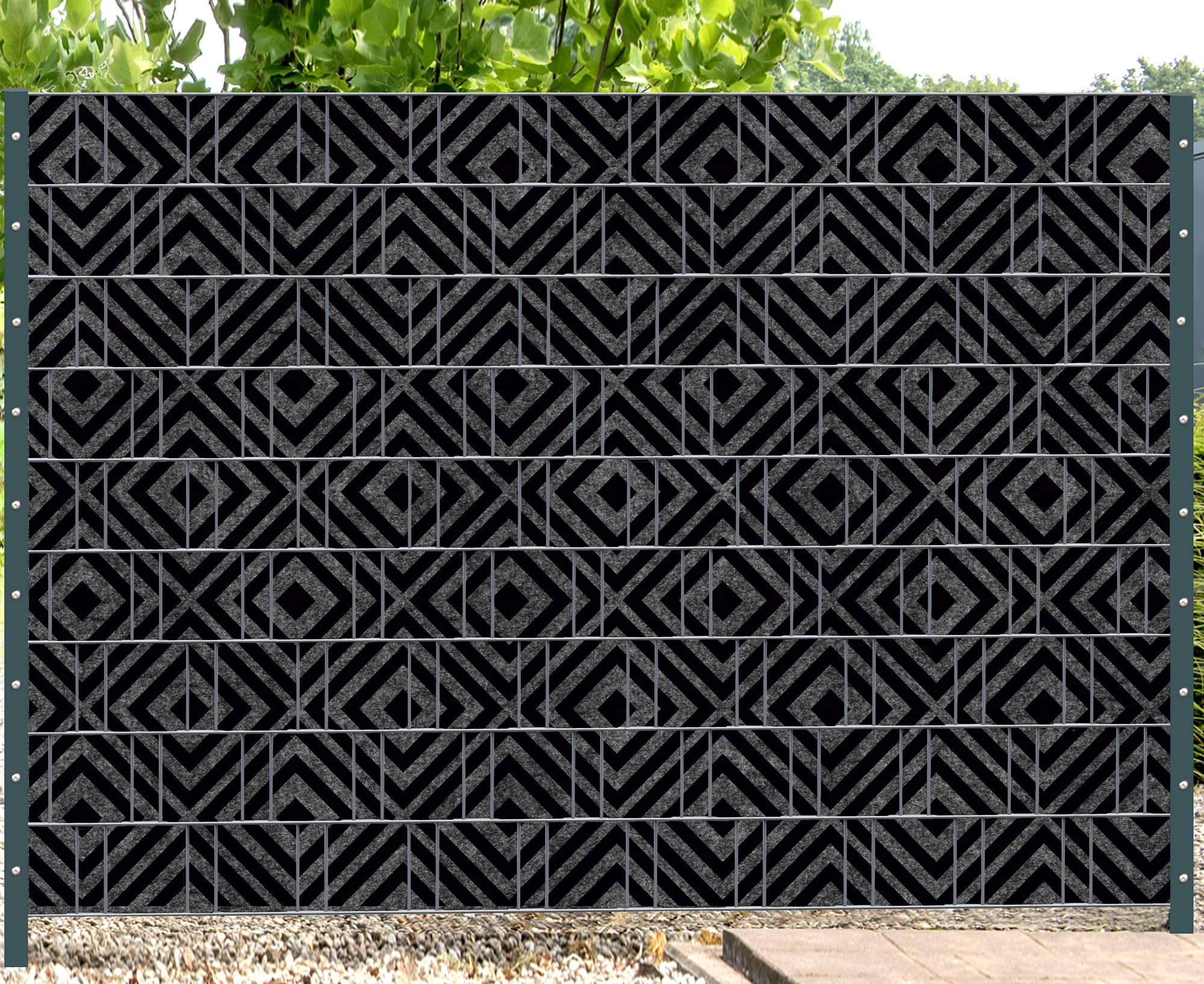 sichtschutzstreifen-florenz-raute-melange-schwarzer-motivdruck